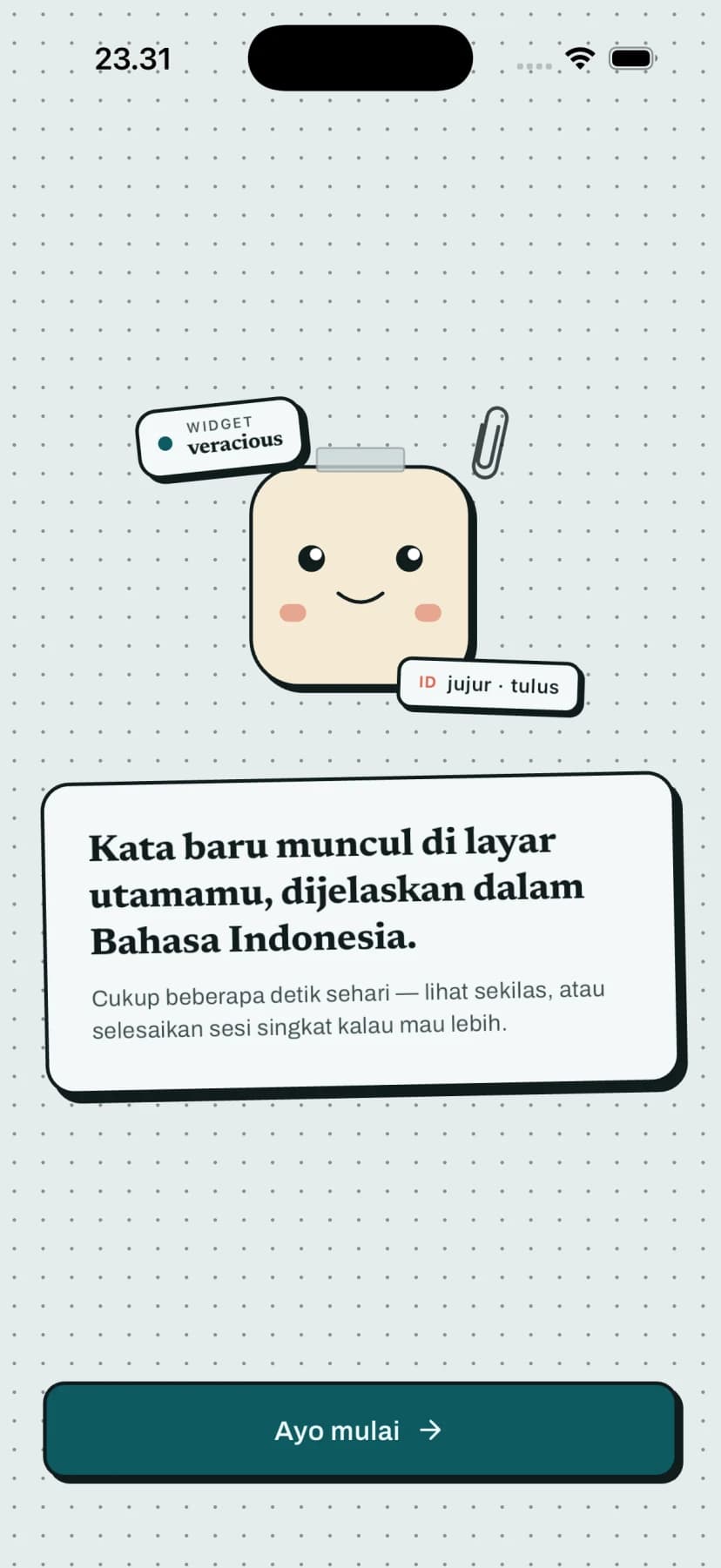 Tatakata's intro screen: new words appear on your home screen, explained in Indonesian.